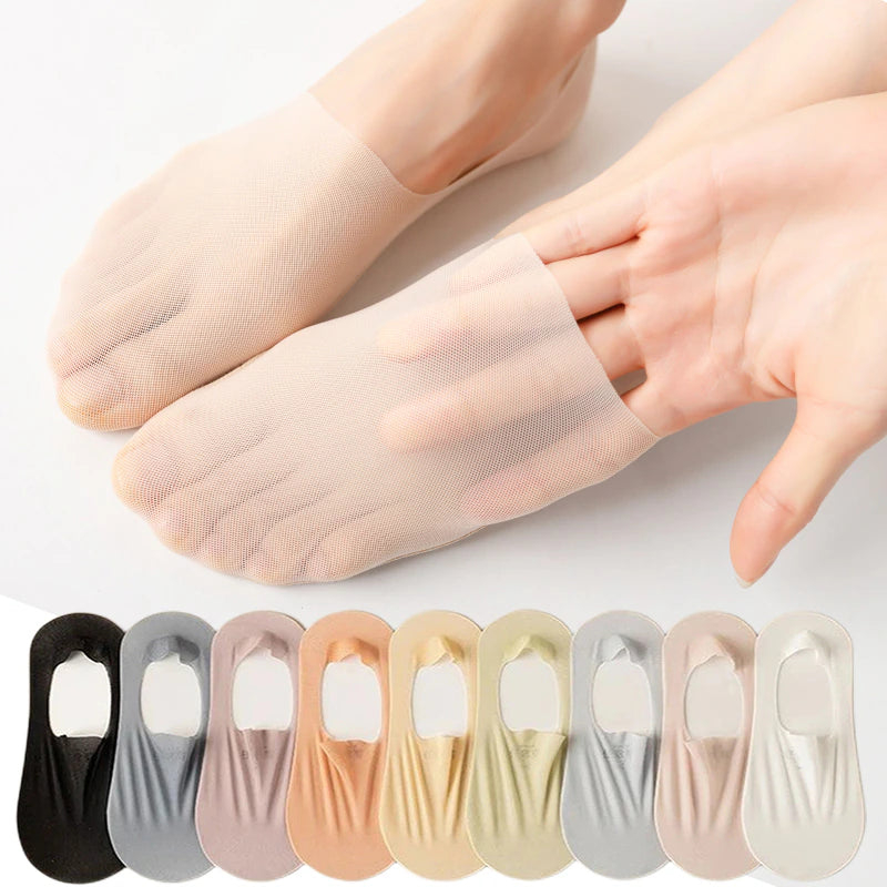 High-Quality Elastic Ice Silk Low Socks: 5 Pairs of Women's Invisible Boat Socks with Breathable Silicone, Non-Slip, and Ultra-Thin Design