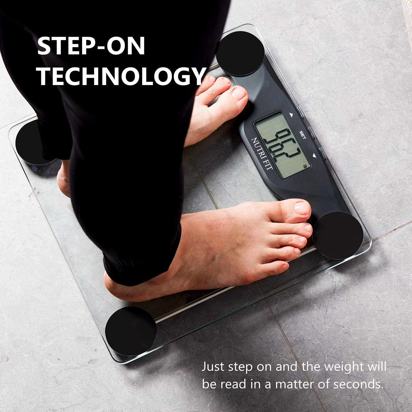 Professional title: "Digital BMI Scale with Body Mass Index Analysis, 400 Lbs Capacity, Large Backlight Display - Black"
