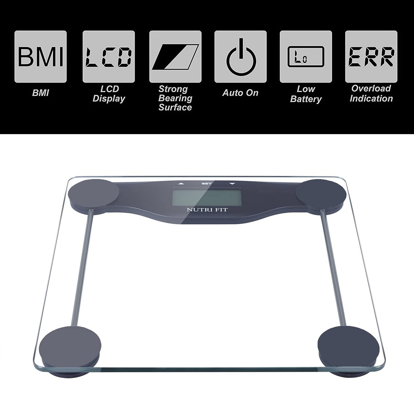 Professional title: "Digital BMI Scale with Body Mass Index Analysis, 400 Lbs Capacity, Large Backlight Display - Black"